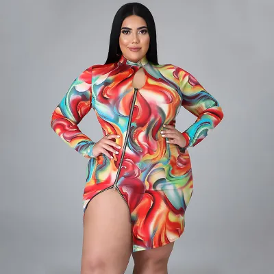 Vestido ajustado de manga larga con abertura y cremallera con estampado gráfico de talla grande sexy para mujer