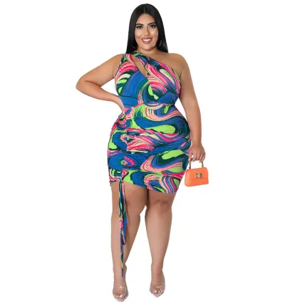Women Fashion Sexy One-Shoulder Graphic Printed Drawstring Plus Size Dress