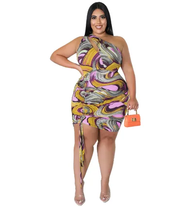 Women Fashion Sexy One-Shoulder Graphic Printed Drawstring Plus Size Dress
