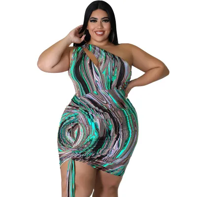 Women Fashion Sexy One-Shoulder Graphic Printed Drawstring Plus Size Dress
