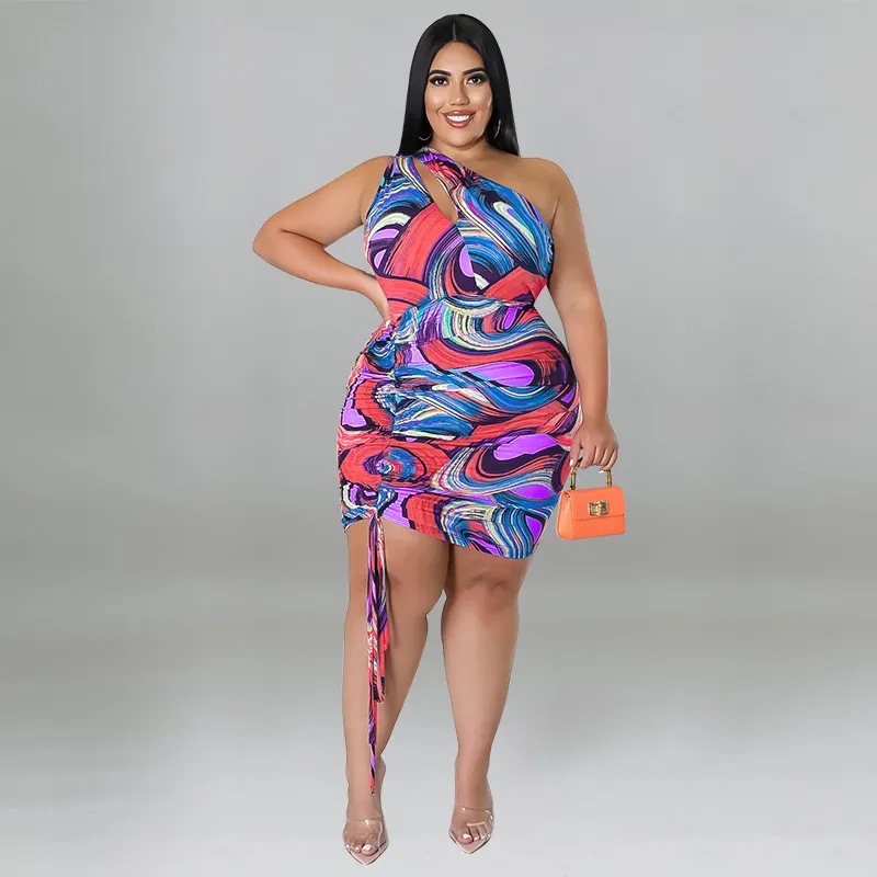 Women Fashion Sexy One-Shoulder Graphic Printed Drawstring Plus Size Dress
