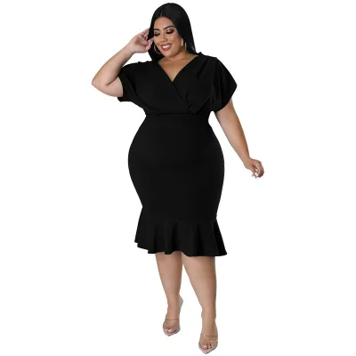Women Plus Size V-Neck Fishtail Dress Elegant Bat Sleeve