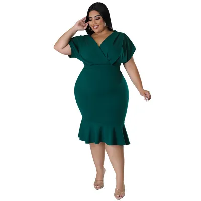 Women Plus Size V-Neck Fishtail Dress Elegant Bat Sleeve