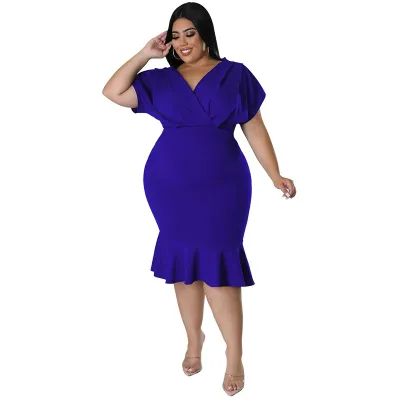Women Plus Size V-Neck Fishtail Dress Elegant Bat Sleeve
