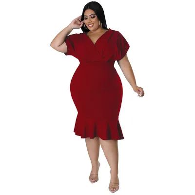 Women Plus Size V-Neck Fishtail Dress Elegant Bat Sleeve
