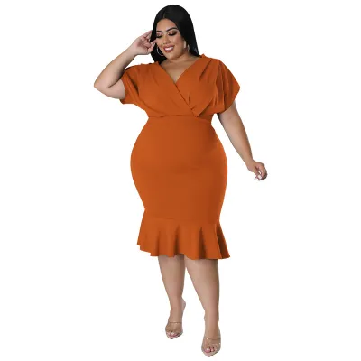 Women Plus Size V-Neck Fishtail Dress Elegant Bat Sleeve