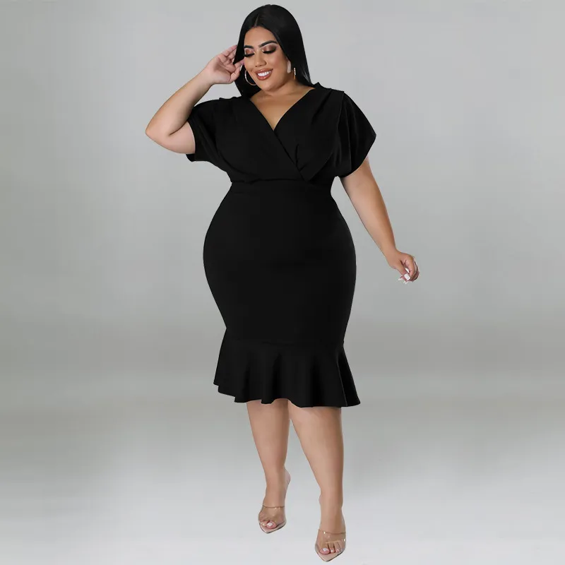 Women Plus Size V-Neck Fishtail Dress Elegant Bat Sleeve