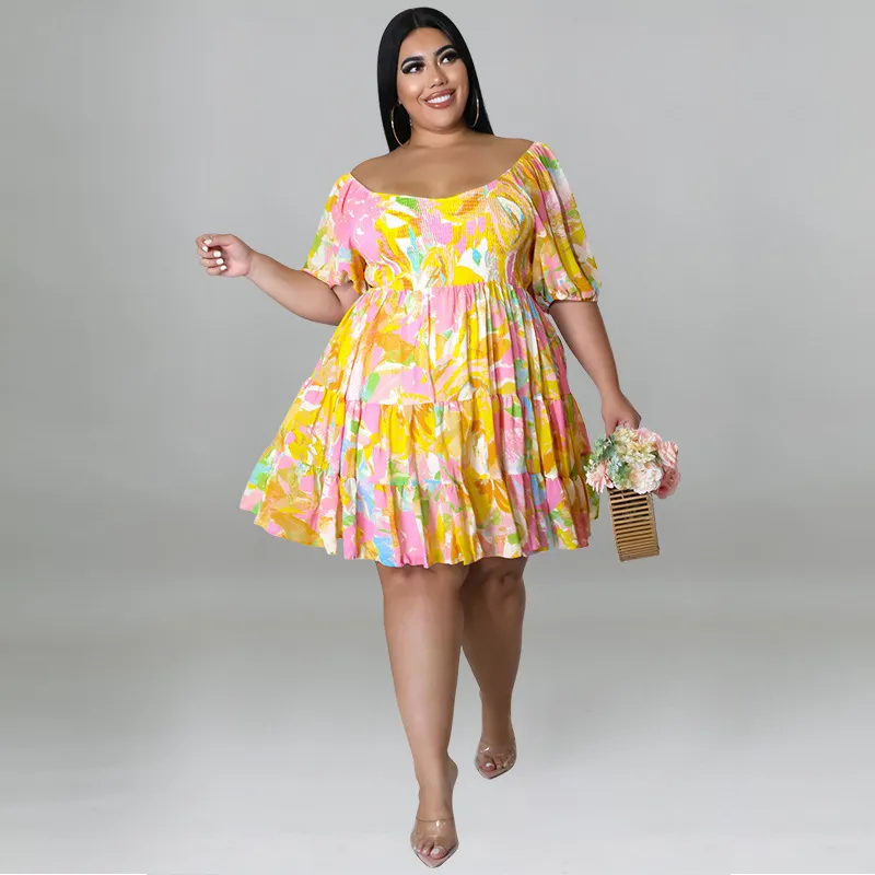 Summer Women Fashion Sexy Plus Size Off Shoulder Cartoon Print Dress