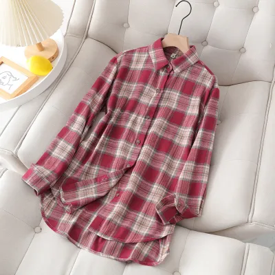 Women Fashion Casual Plaid Plus Size Long Sleeve Cardigan Shirt