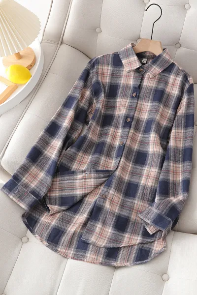 Women Fashion Casual Plaid Plus Size Long Sleeve Cardigan Shirt