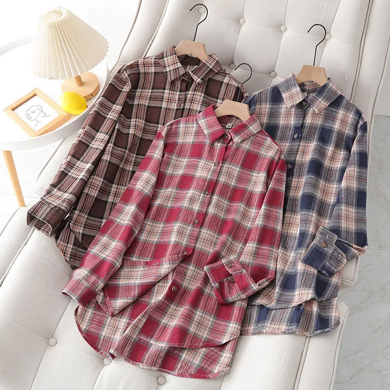 Women Fashion Casual Plaid Plus Size Long Sleeve Cardigan Shirt