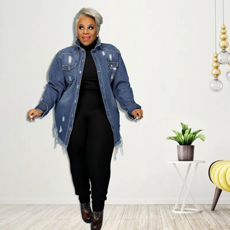 Women Plus Size Denim Hole Long Sleeve Jacket Urban Leisure Top