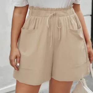 Summer Women Loose Plus Size Drawstring Solid Color Bermuda Shorts
