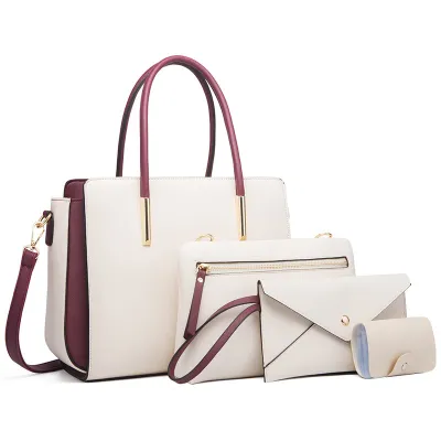 Women Fashion Large Capacity Color Block PU Leather Wallet Handle Shoulder Bag Four-Piece Set