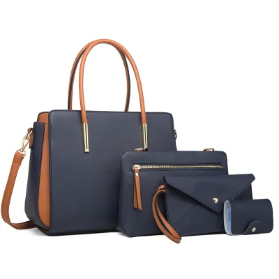 Women Fashion Large Capacity Color Block PU Leather Wallet Handle Shoulder Bag Four-Piece Set
