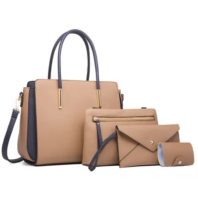 Women Fashion Large Capacity Color Block PU Leather Wallet Handle Shoulder Bag Four-Piece Set