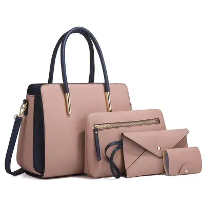 Women Fashion Large Capacity Color Block PU Leather Wallet Handle Shoulder Bag Four-Piece Set