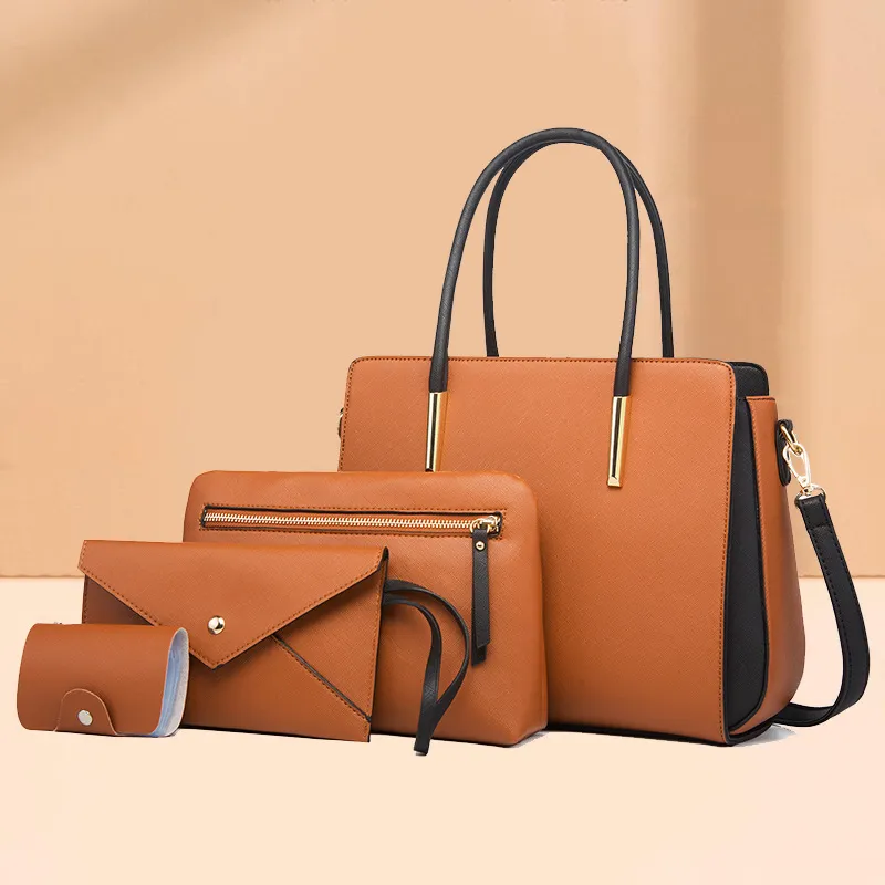 Women Fashion Large Capacity Color Block PU Leather Wallet Handle Shoulder Bag Four-Piece Set