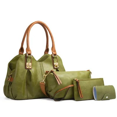 Women Fashion Retro Solid Color PU Large Capacity Handle Shoulder Bag Four-Piece Set