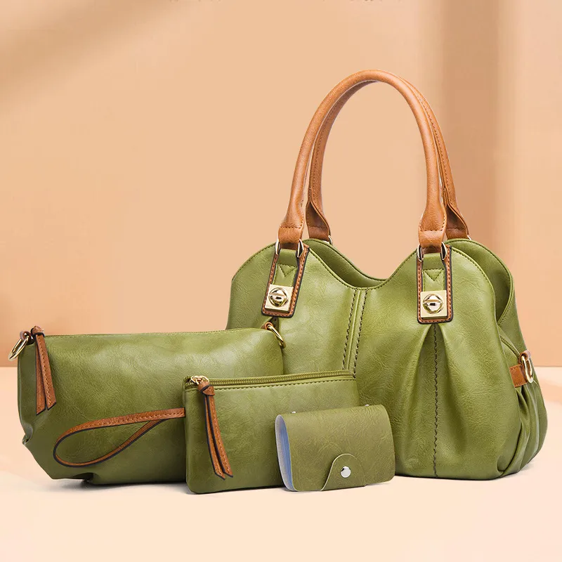 Women Fashion Retro Solid Color PU Large Capacity Handle Shoulder Bag Four-Piece Set