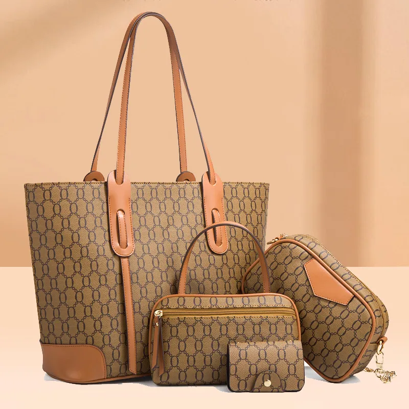 Women Fashion Large Capacity Embossed PU Leather Wallet Handle Shoulder Bag Four-Piece HandBags Set