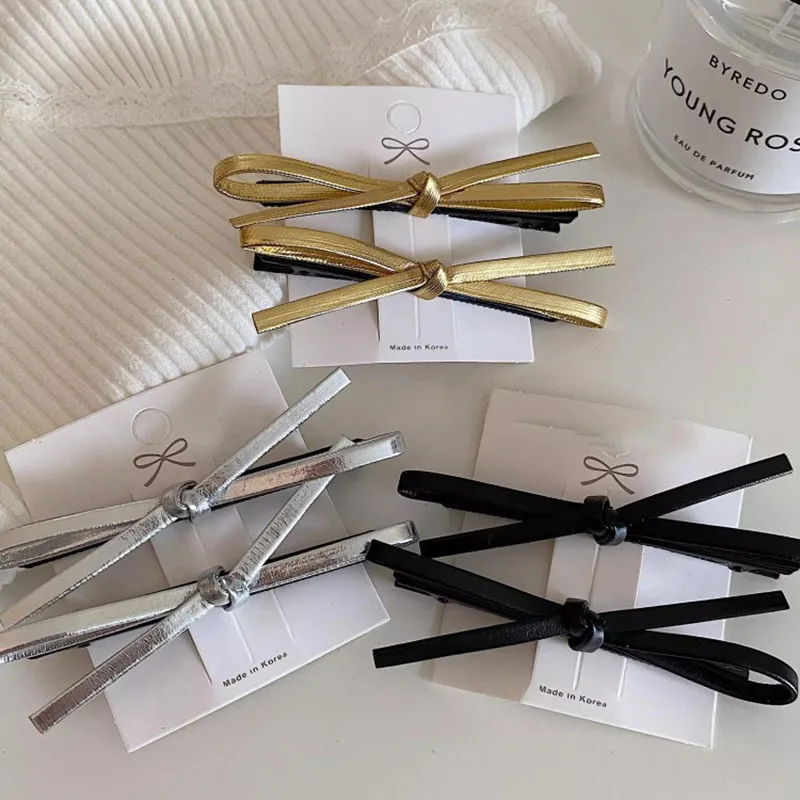Women Fashion Simple Silver Leather Bow Hair Clip