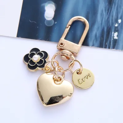 Women Fashion Creative Heart-Shaped Camellia Pearl Letter Metal Accessories Keychain Pendant