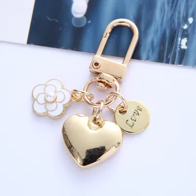 Women Fashion Creative Heart-Shaped Camellia Pearl Letter Metal Accessories Keychain Pendant