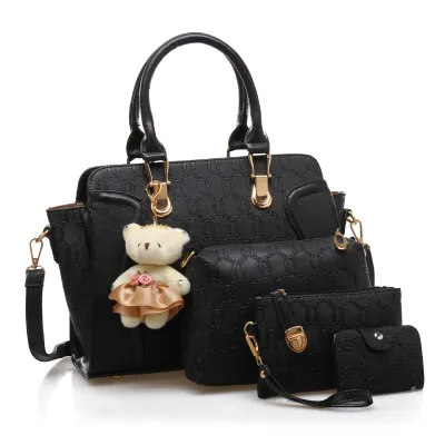 Women Fashion Large Capacity Embossed Plush Bear Pendant Wallet Handle Shoulder Bag Four-Piece Set