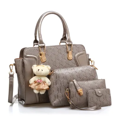 Women Fashion Large Capacity Embossed Plush Bear Pendant Wallet Handle Shoulder Bag Four-Piece Set