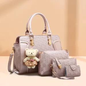 Women Fashion Large Capacity Embossed Plush Bear Pendant Wallet Handle Shoulder Bag Four-Piece Set