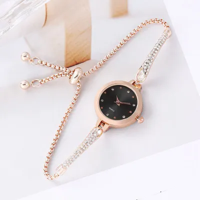 Women Fashion Simple Round Dial Rhinestone Watch with Drawstring Strap