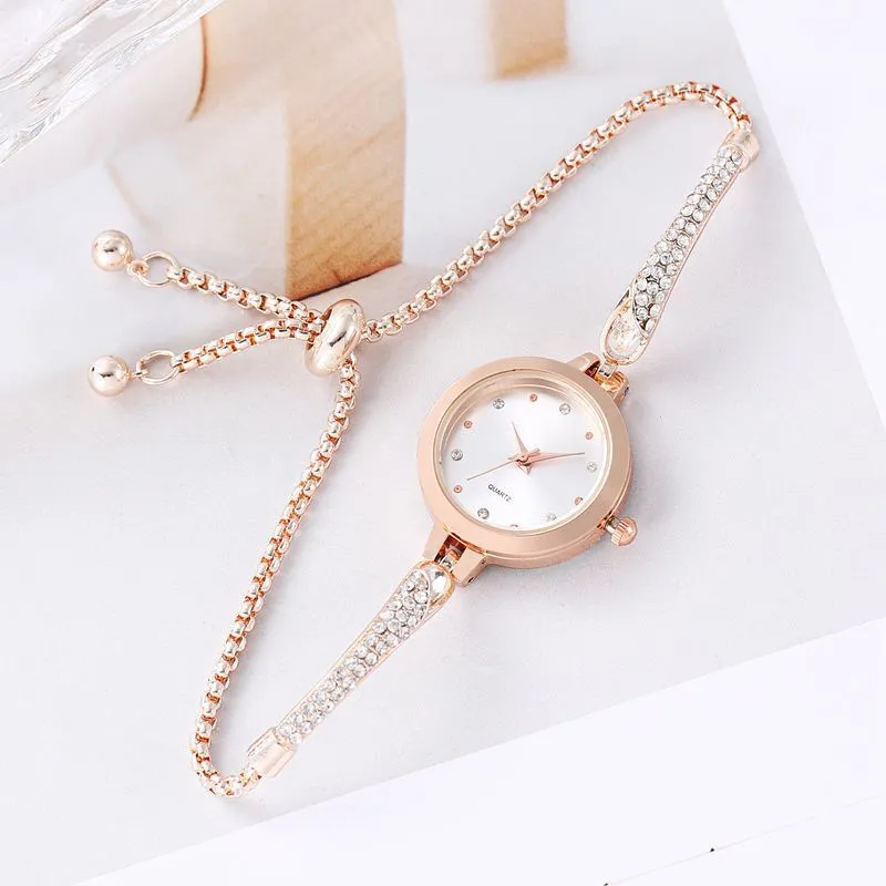 Women Fashion Simple Round Dial Rhinestone Watch with Drawstring Strap