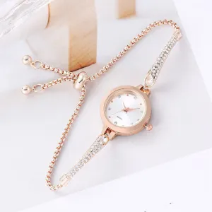 Women Fashion Simple Round Dial Rhinestone Watch with Drawstring Strap
