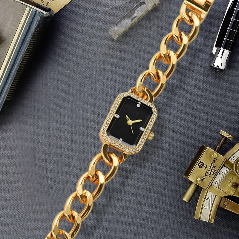 Women Simple Square Rhinestone Dial Metal Chain Watch Leisure Alloy