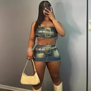 Women Sexy Strapless Belt Top And Skirt Denim Set