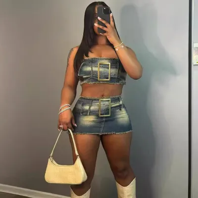 Women Sexy Strapless Belt Top And Skirt Denim Set