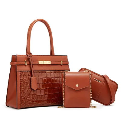 Women Fashion Large Capacity Crocodile Pattern Square Handle Shoulder Bag Chain Crossbody Set