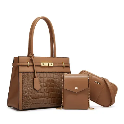Women Fashion Large Capacity Crocodile Pattern Square Handle Shoulder Bag Chain Crossbody Set