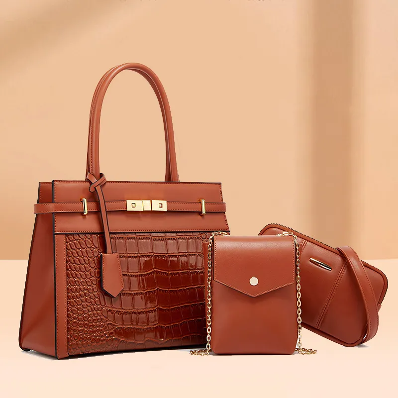 Women Fashion Large Capacity Crocodile Pattern Square Handle Shoulder Bag Chain Crossbody Set