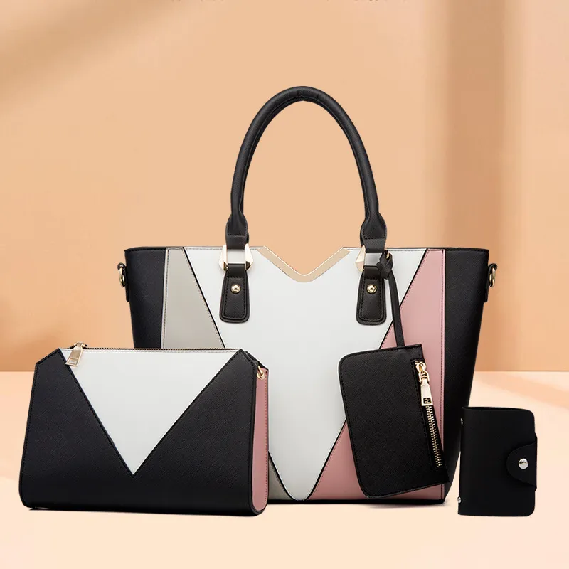 Women Fashionable Simple Large Capacity Color Block PU Wallet Handle Shoulder Bag Four-Piece Set