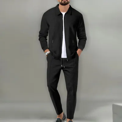 Men Fashion Casual Waffle Solid Color Long Sleeve Lapel Coat Trousers Two Piece Set