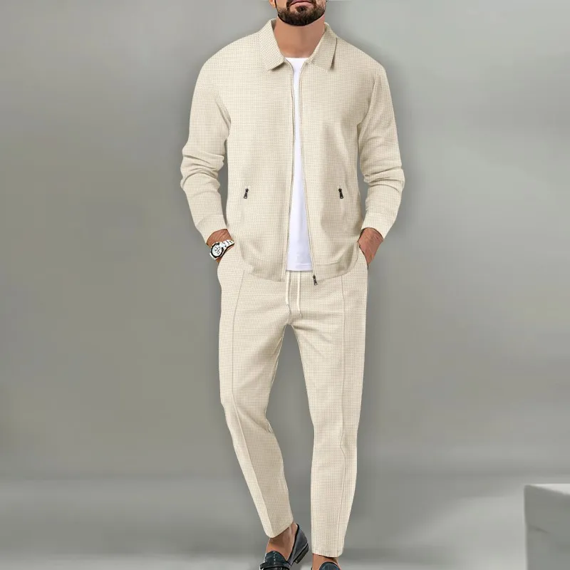 Men Fashion Casual Waffle Solid Color Long Sleeve Lapel Coat Trousers Two Piece Set