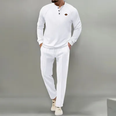 Men Fashion Casual Waffle Solid Long Sleeve Stand Collar Shirt Trousers Set