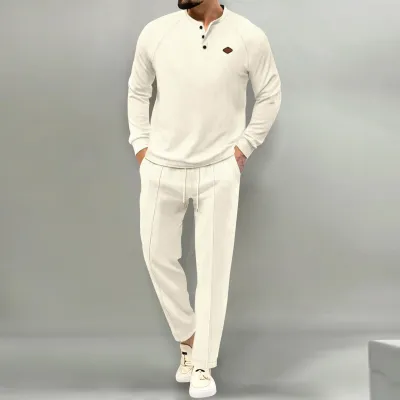 Men Fashion Casual Waffle Solid Long Sleeve Stand Collar Shirt Trousers Set
