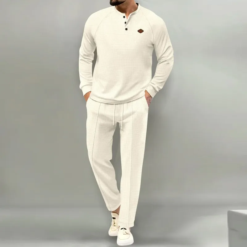 Men Fashion Casual Waffle Solid Long Sleeve Stand Collar Shirt Trousers Set