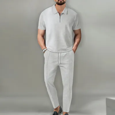 Men Fashion Casual Waffle Solid Color Short Sleeve Lapel Half Zipper Shirt Trousers Set