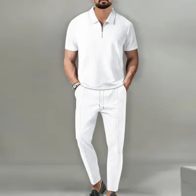 Men Fashion Casual Waffle Solid Color Short Sleeve Lapel Half Zipper Shirt Trousers Set