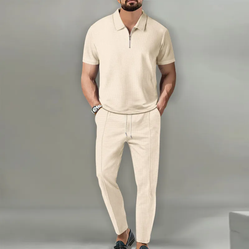 Men Fashion Casual Waffle Solid Color Short Sleeve Lapel Half Zipper Shirt Trousers Set