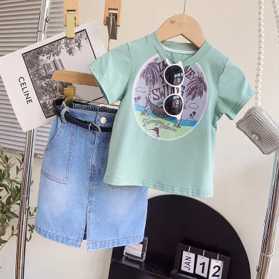 Kids Toddler Girls Fashion Casual Letter Print Short Sleeve T-Shirt Denim Skirt Set